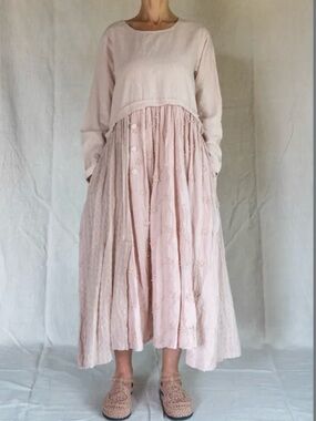 Les Ours Dress- ADRIANA, Pink striped cotton, Size Medium